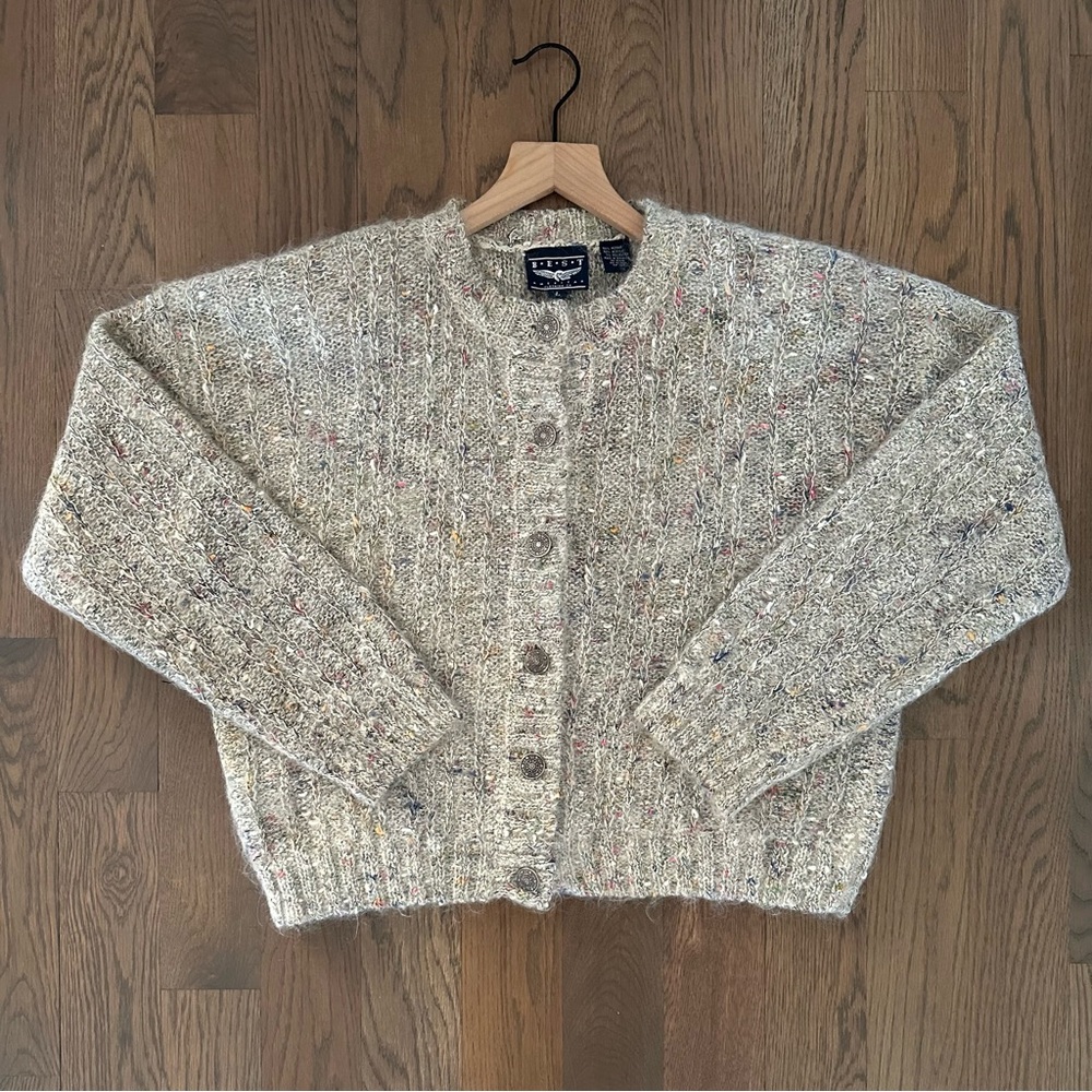 Vintage Mohair Blend Melange Knit Cardigan Sweater in Heather Oatmeal Large